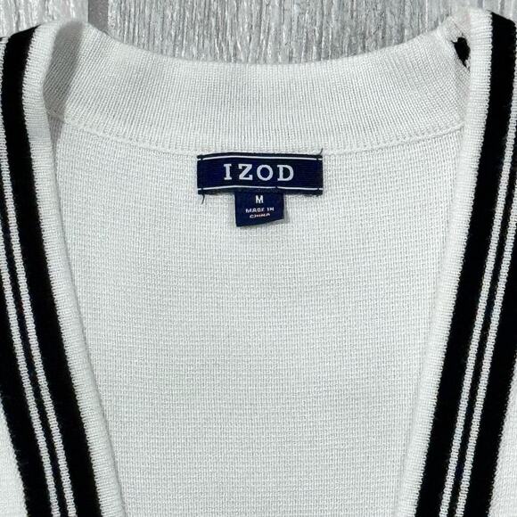 IZOD Open Cardigan Size Medium White Ivory Cream Black Stripe - Picture 7 of 10